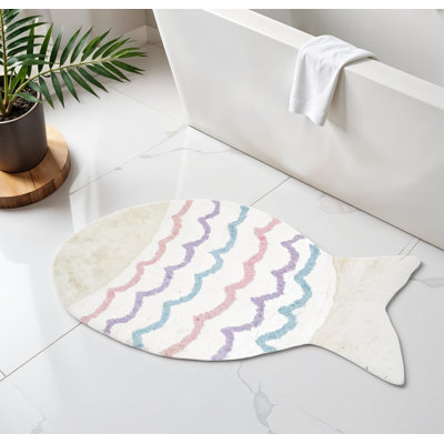 32" White Pink And Purple Cotton Fish Shaped Youthful Bath Rug