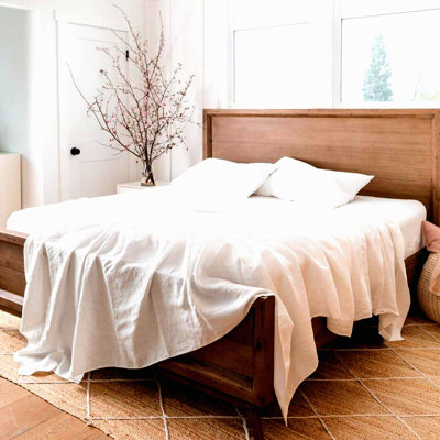 Breathable Linen Cotton Farmhouse Flat Sheet - Soft Solid Color Euro Style Top Sheet for Full Bed - White French Flax Bedding