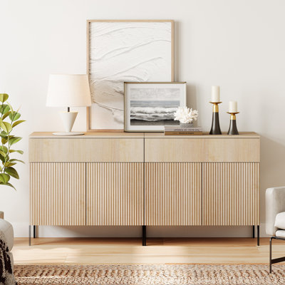 Union Rustic 63" Reeded Accent Cabinet Set With 4 Doors And Drawers, Modern Credenza Storage Cabinet With Metal Legs For Living Room, Kitchen, Dining Room, Hallway
