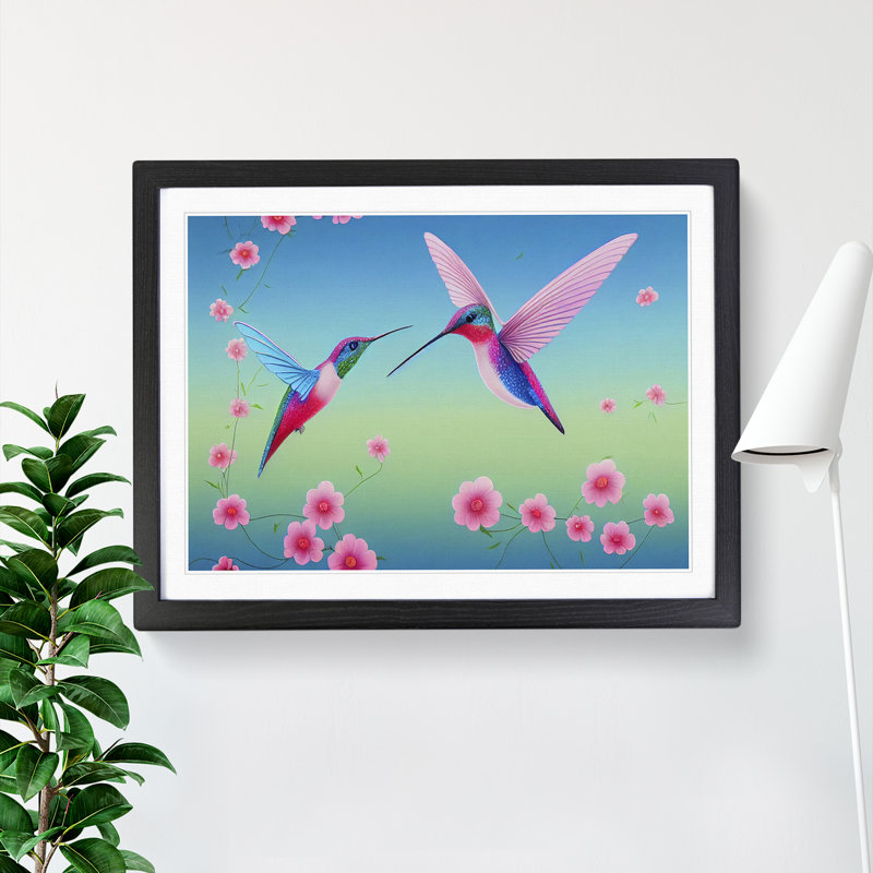 Illuminated Floral Hummingbirds - Single Picture Frame Print, 46cm H x 64cm W, Black