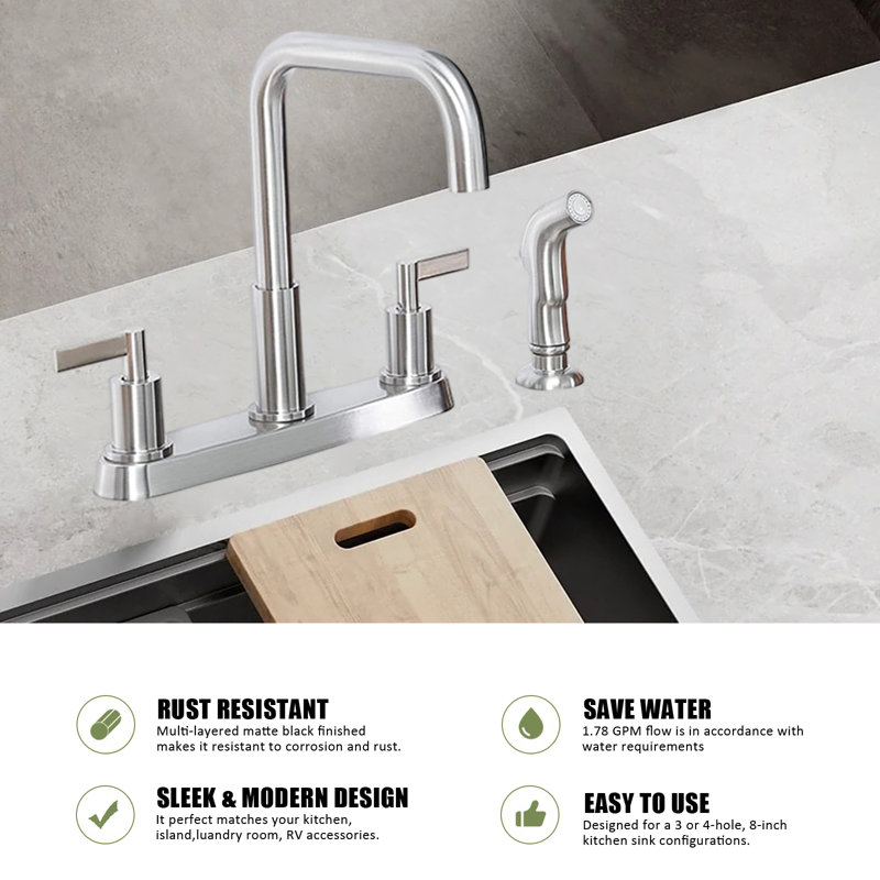Kitchen Faucet With Spray Nozzle, Stainless Steel Kitchen Sink Faucet With Side Spray, 3 Or 4 Holes., Brushed Nickel