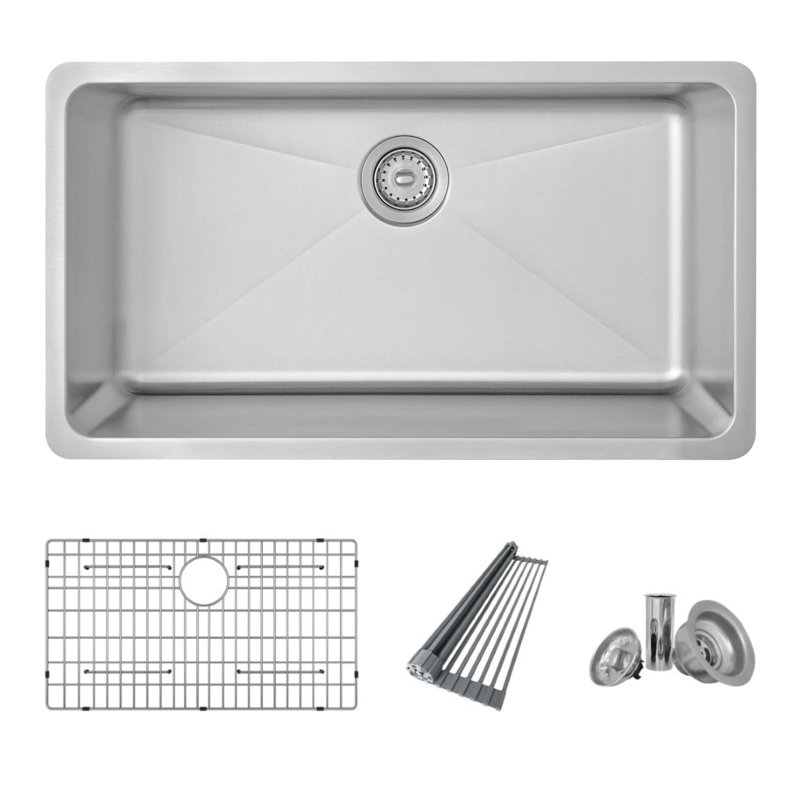 Azuni Dual mount 32" Single Bowl Stainless Steel Kitchen Sink with Grid and Strainer