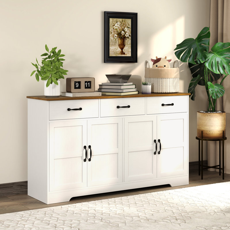 Buffet, armoire à café avec tiroirs, patiné, Blanc / Brun