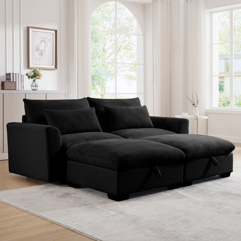 Two-Seater Sofa With 2 Storage Footrest for Living Room, Black Corduroy