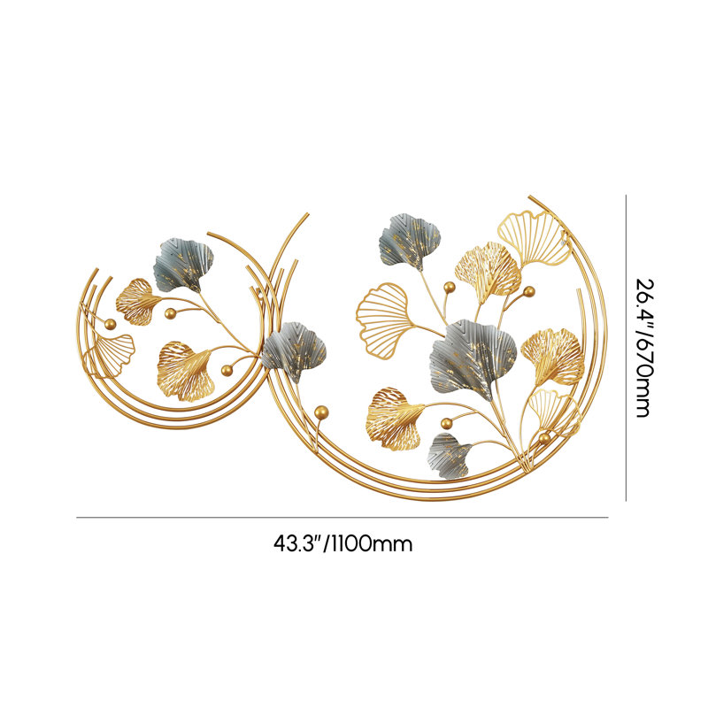 Modern Hand-Painted 3D Hollow-out Ginkgo Leaves Metal Round Wall Art Decor Gold