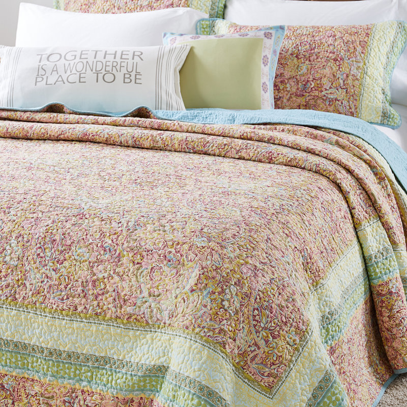 King Size Blue and Multicolor Microfiber Reversible Quilt Set