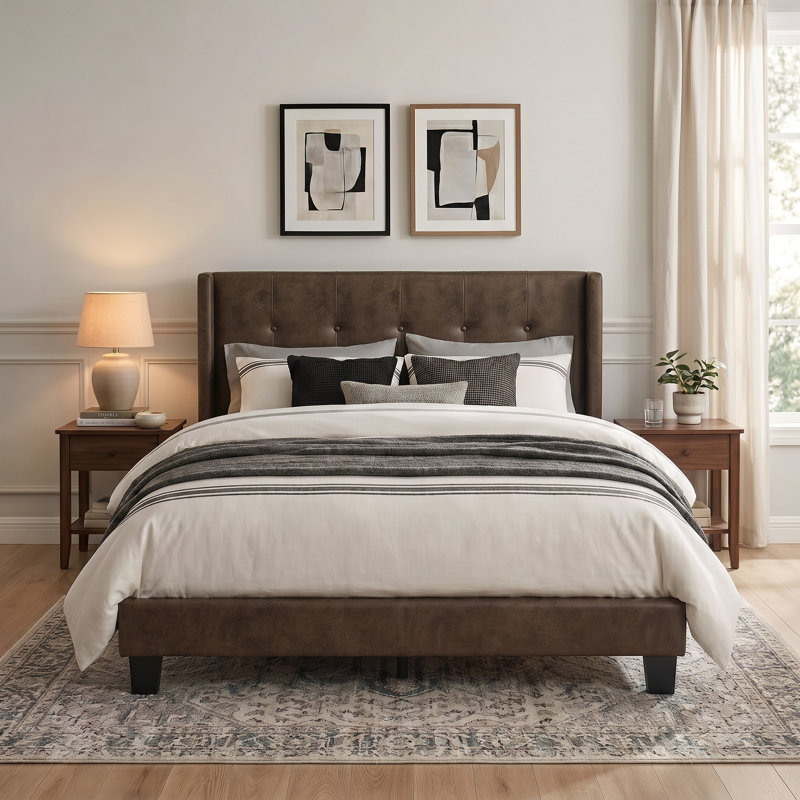 Arshaun Upholstered Faux Leather Wingback Bed, Twin, Brown