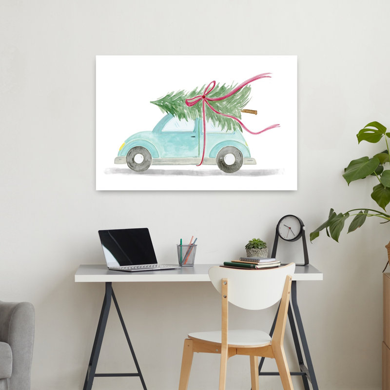 Voiture rétro pour Noël, arbre de Noël abstrait rétro, art naturel, 24" H x 36" W