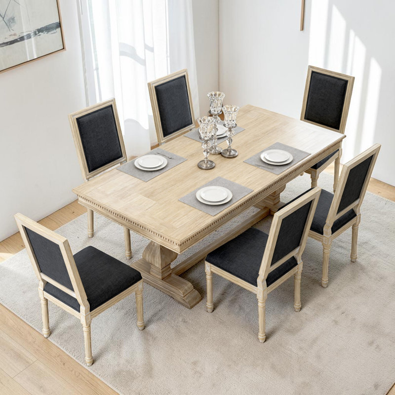 French Country Upholstered  Dining Chairs with Square Back, Wire drawing and carving techniques, 6, Black