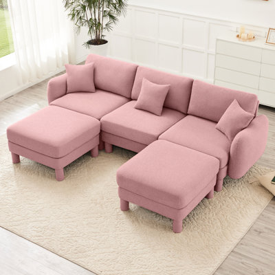 Rose, canapé modulaire en forme de U, canapé, tissu bouclé, repose-pieds distinctif en forme de coquillage, pieds cylindriques, détente à aire ouverte
