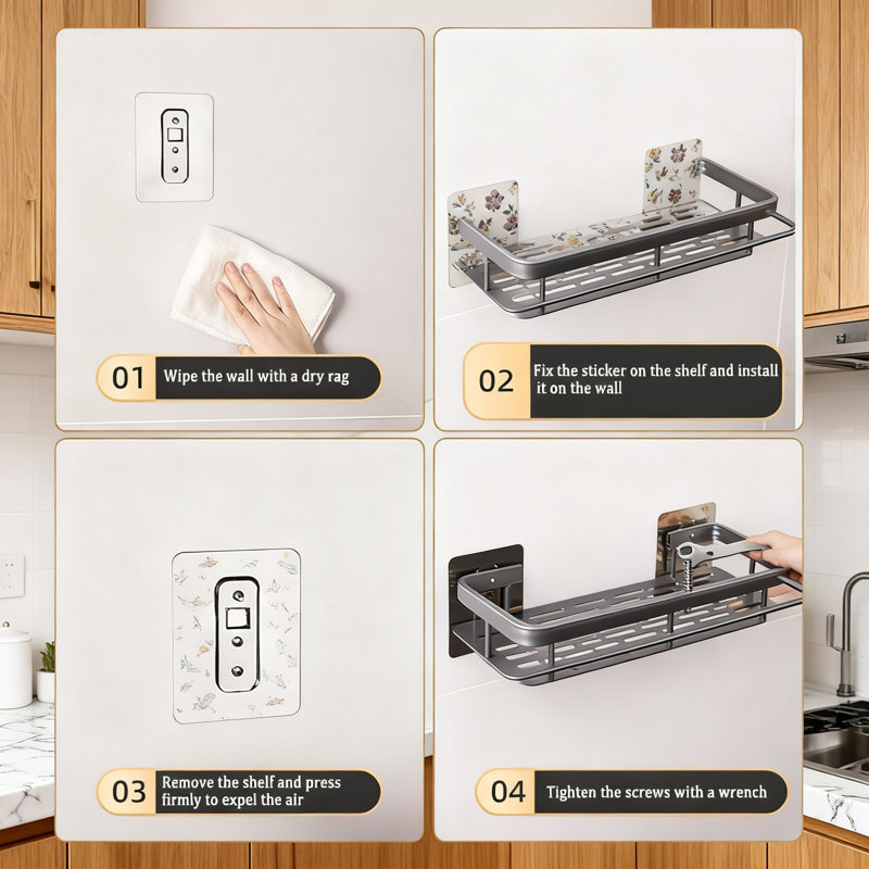 Ensemble de 2 boîtes de rangement adhésives pour salle de bain avec barre à serviettes et crochets, tablette de rangement en aluminium antirouille pour la douche, la cuisine et le garage