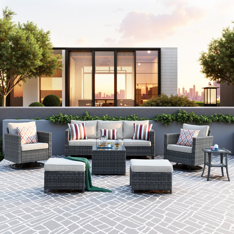 Grano Wicker Patio Outdoor Furniture Set, 7 Piece Rattan Guest Sofa Chair Set, Weather-Resistant Sofa Rocking Chair Set