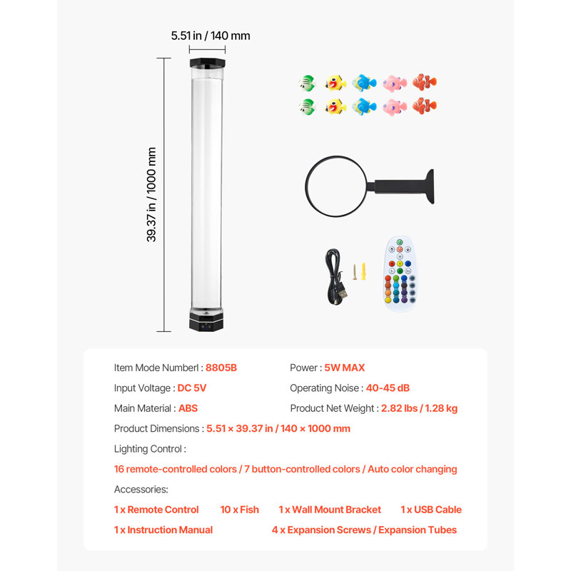 Bubble Tube Lamp 16 Color Sensory Aquarium Lamp for Relief Calming, "5 W", 39.37"