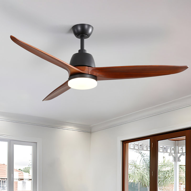 Kemp 56" 3-Solid Wood Blade Modern Propeller Ceiling Fan with Remote Control and LED Light Kit, Matte Black with Brown Blades
