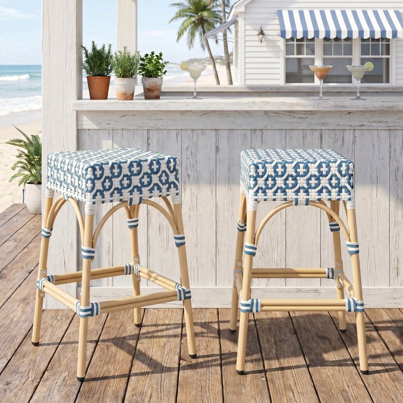 Coastal PE Woven Bar Stools - Indoor/Outdoor Boho Stools With Footrest - Tri-Color Block Patterns, Blue/White