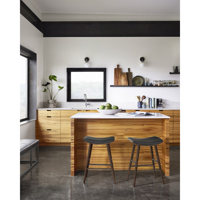 Union Wallis Belfast Solid Wood Stool, Bar Stool (30" Seat Height), Faux Leather - Distressed Black/Warm Parawood