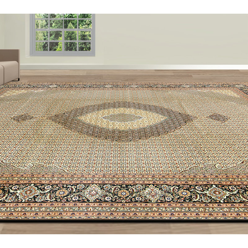 Tapis vert et beige noué à la main de haute qualité