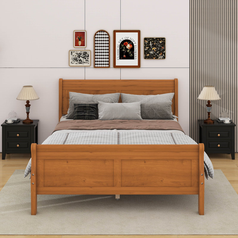 Wood Platform Bed With Headboard, Full, Oak