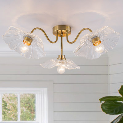 Plafonnier semi-encastré en laiton à 3 lumières avec abat-jour en verre transparent à motifs floraux, luminaire de style moderne du milieu du siècle en forme de pétales pour chambre et couloir