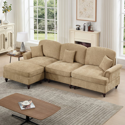 Mid Century Three Seater Modular L Shaped Sectional Couch With Flared Arms And Removable Ruffles Pleats Skirts And Spindle Legs, Comfy Chenille 3-Seat Deep Seat Sofa With Movable Ottoman,Light Coffee