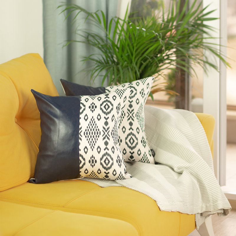Navy Blue and Ivory Geometric Faux Leather 17" Pillow Covers, Set of 2