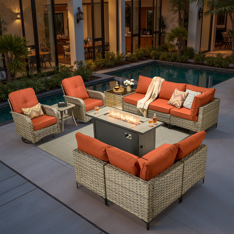 10 Piece Patio Furniture With Fire Pit Table, Outdoor Rattan Wicker Conversation Set With Glowing Coffee Table, Comfy Sectional Sofa Set With Swivel Rocking Chairs For Porch Balcony Backyard Pool
