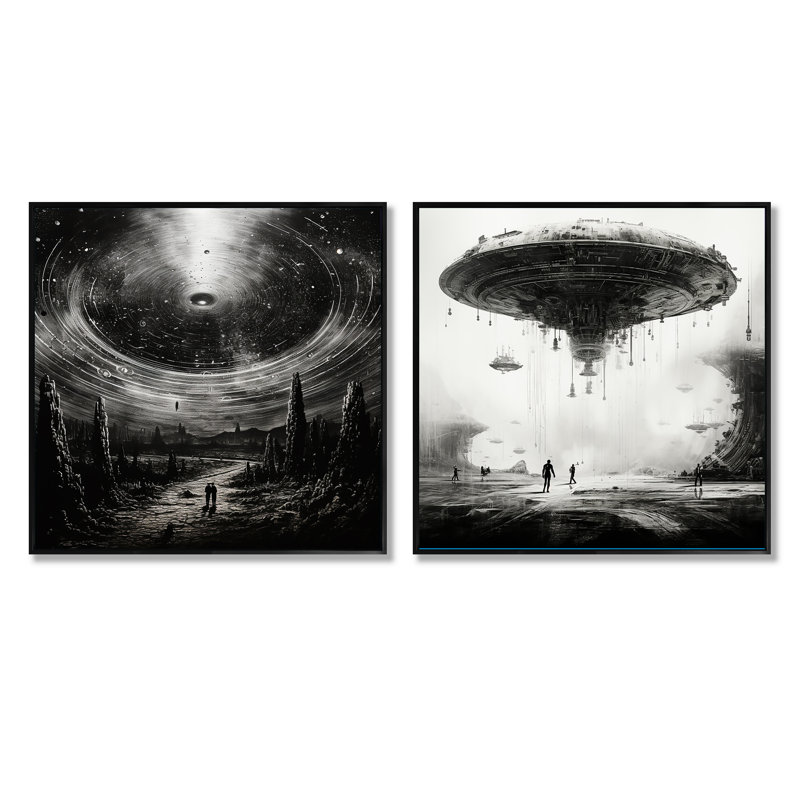 Minimalism Sci Fi Ufo - Fantasy & Sci-Fi Square Collage Set Of 2, Black Framed, 16" H x 33" W