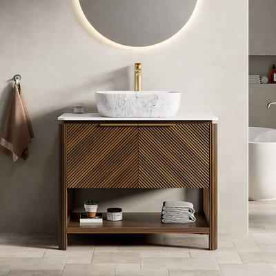 Canal 36" Freestanding Bathroom Vanity with Ceramic Vessel Sink & Sintered Stone Top & Open Shelf