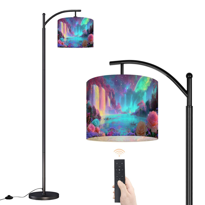  Lampe sur pied arc fantaisie cascade paysage coloré roses lavande brillant planète ciel haute lampe sur pied moderne abat-jour en lin réglable 3 températures de couleur