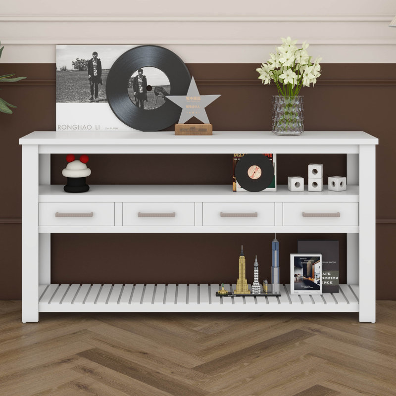 Grande console de 62,2 pouces avec 4 tiroirs, tablettes ouvertes à 3 niveaux, poignées en métal et pieds réglables, Blanc