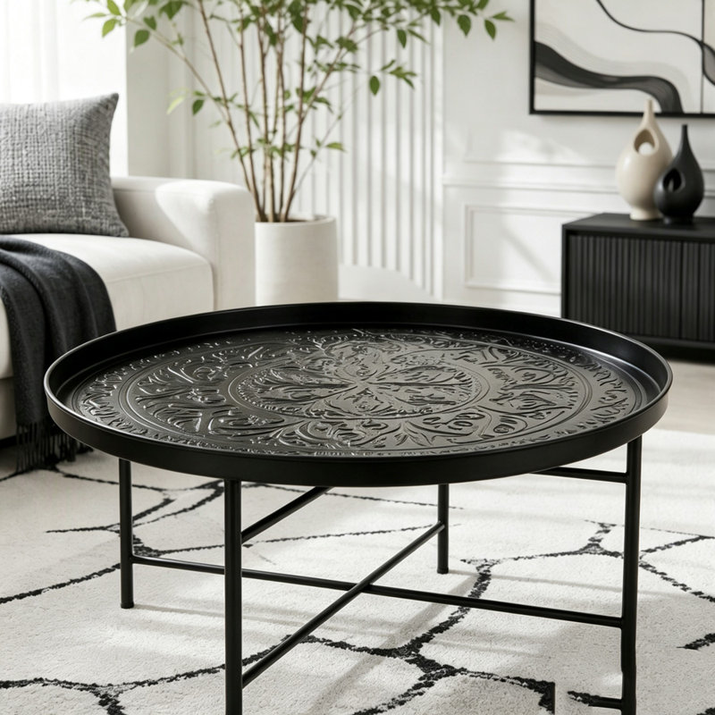 Round Metal Coffee Table with Hammered Pattern