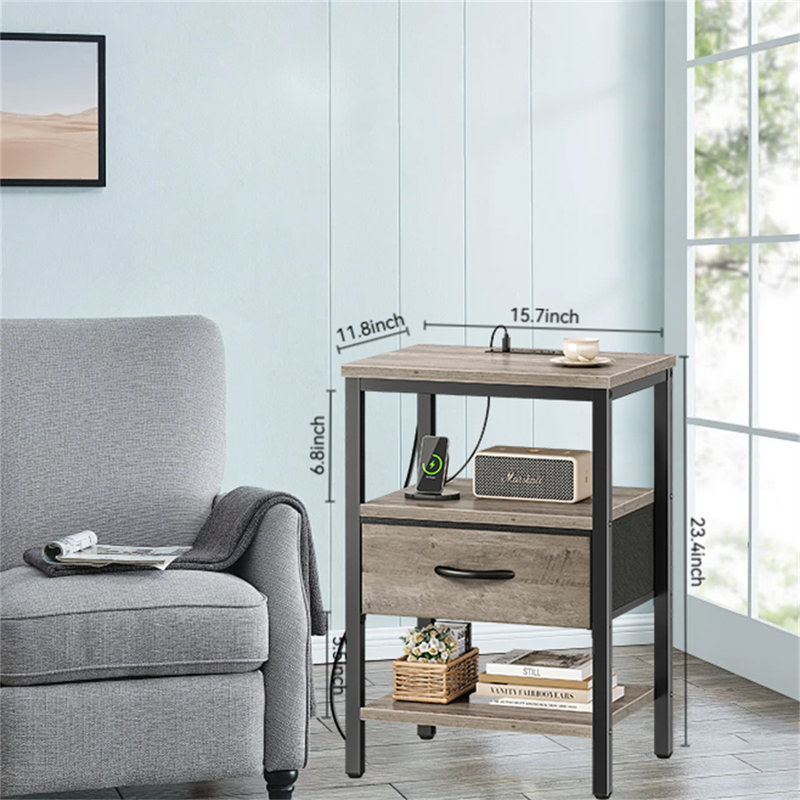 Multi-Functional Bedside Table With Charging Station & Adjustable Fabric Drawer, 0ak/Black