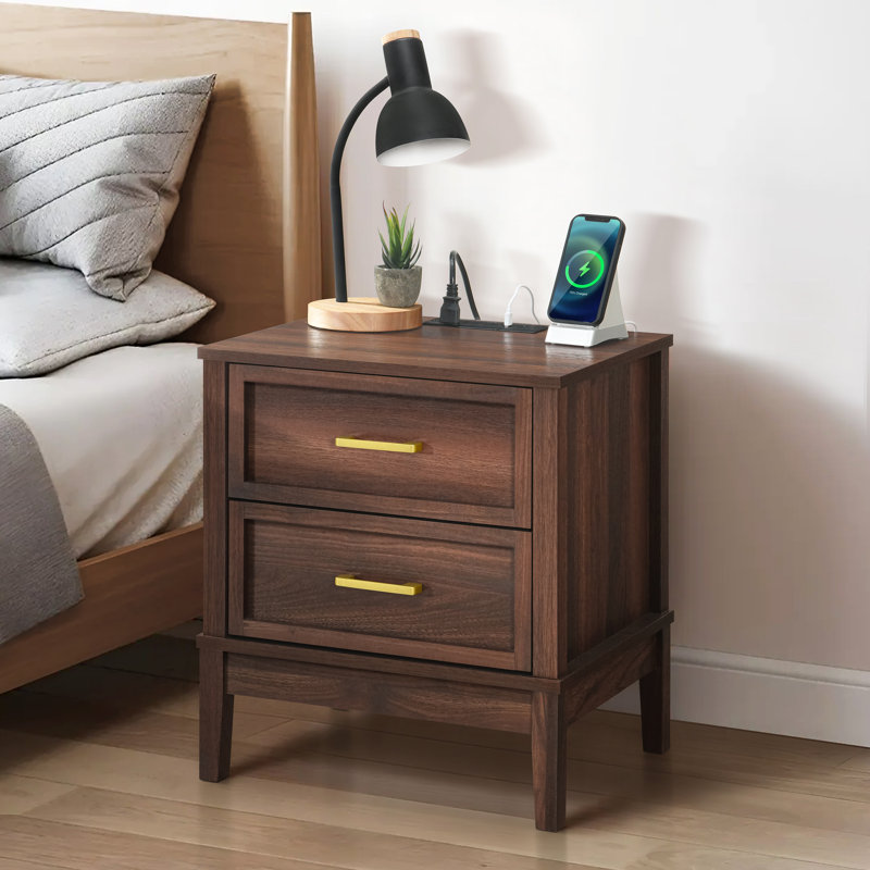 Walter 2 Drawer Nightstand with Charging Station, Bedside Table with Storage Drawers, Night Stand for Bedroom, End Table or Side Table for Living Room, 15.5" D x 18.7" W x 21.7" H, Walnut