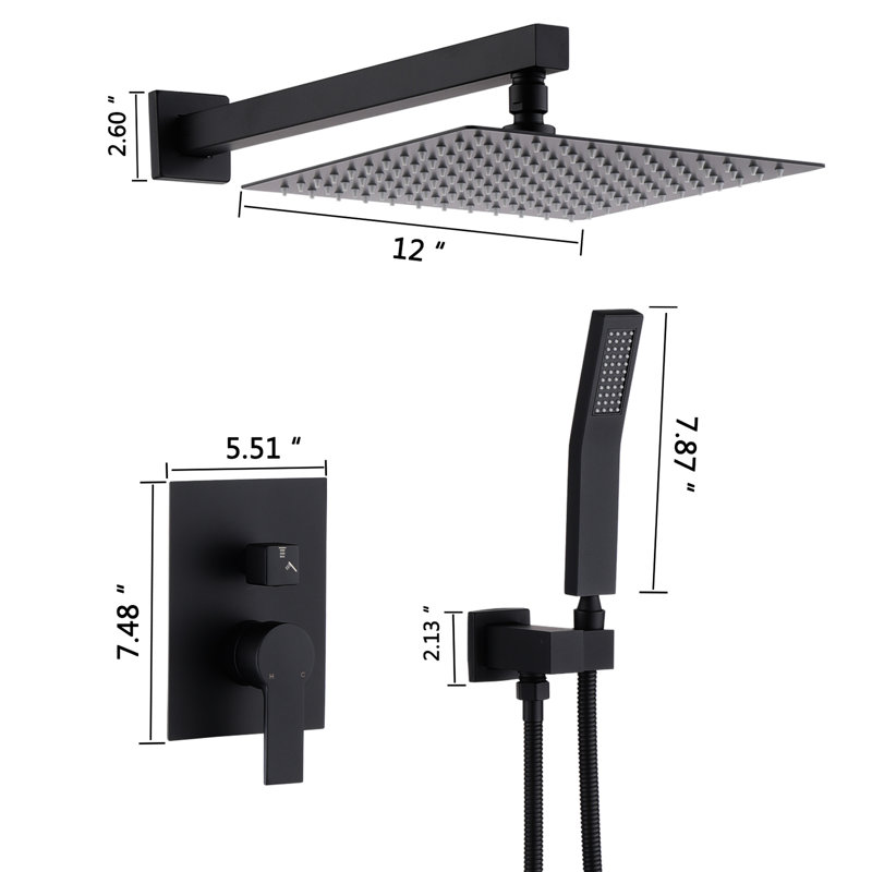 Douche de salle de bain en acier inoxydable - Tête de pluie de 12 po et fini noir mat portatif équilibré avec 12 po, Noir mat