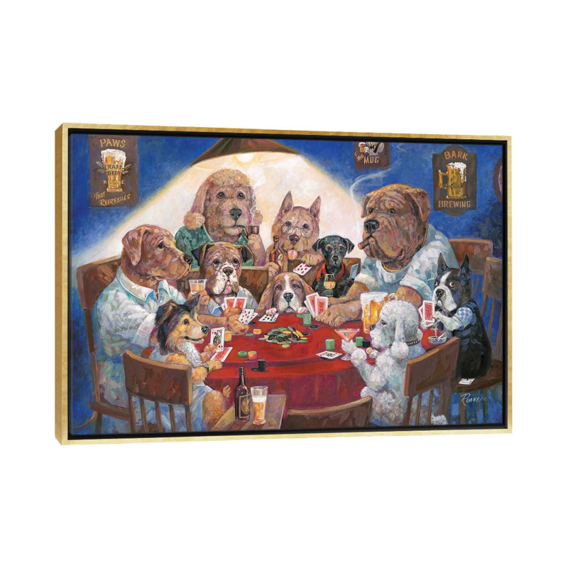 «Poker Dogs» par Ruane Manning - reproduction d'art, H 32 po x l 48 po x P 1,5 po, Toile encadrée d'or, Aucun mat