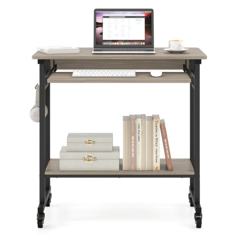 Table roulante pour ordinateur portable avec plateau à clavier coulissant et crochets, Gris/noir