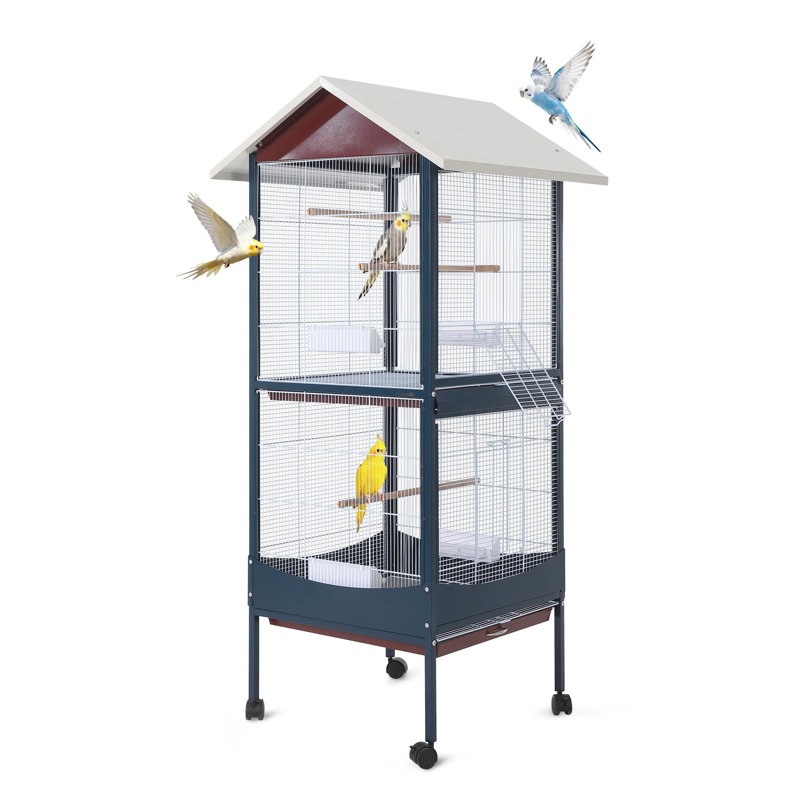 Cage à oiseaux 66 po en métal avec roues, support de jeu, perchoir et plateau amovible 66 po