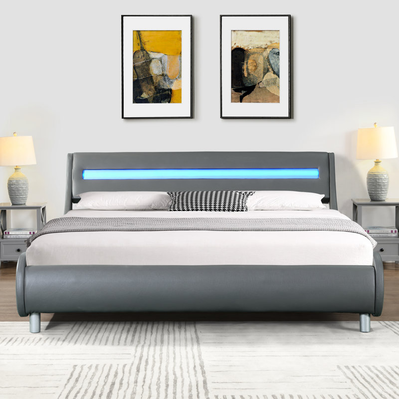Lit tapissier en similicuir gris moderne avec DEL, grand lit, support à lattes de bois, assemblage simple, éclairage à DEL sans sommier, grand, gris, facile