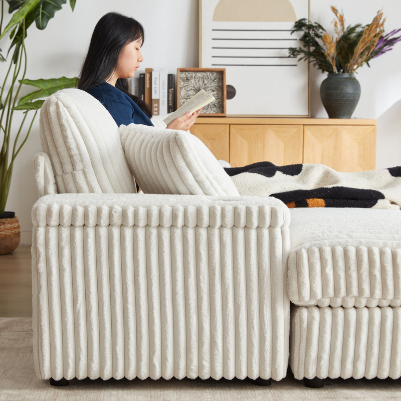 Canapé en velours côtelé de 84 po à 3 places avec 2 repose-pieds, rangement intégré et porte-gobelets, Beige