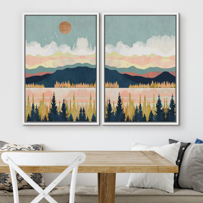 Pastel, rose, bleu, géométrique, paysage de montagne, images murales, art moderne, paysage coloré, salon, ensemble de 2 reproductions sur toile flottante