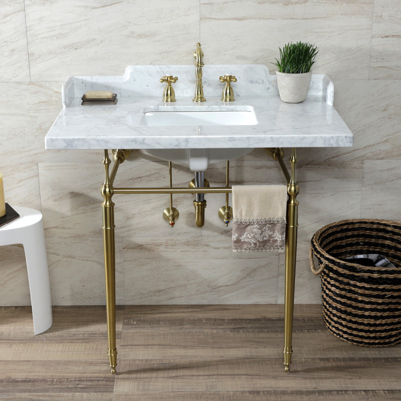 Kingston Brass Habsburg 36-Inch Carrara Marble Console Sink with Brass Legs (8-Inch, 3-Hole), Marble White/Brushed Brass