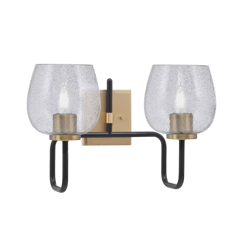 Barre d'éclairage de salle de bain 2 lumières Amarmula, noir mat et laiton vieilli, verre fumé 6 po, Transparent/noir