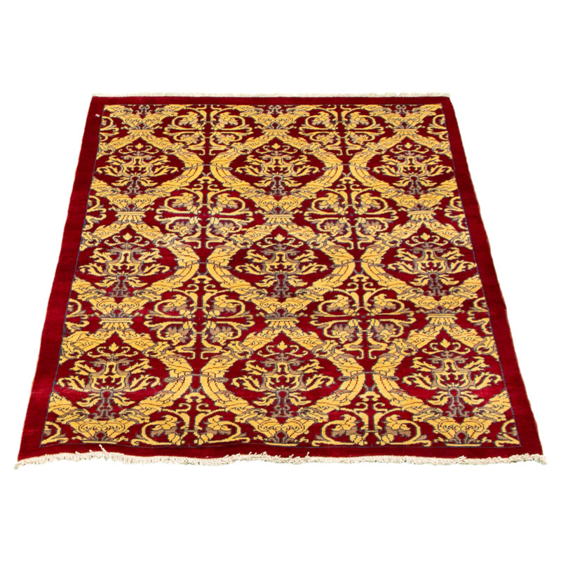 Tapis décoratif en laine noué à la main de conception unique 4 pi x 5 pi 10 po Dewon Ivoire