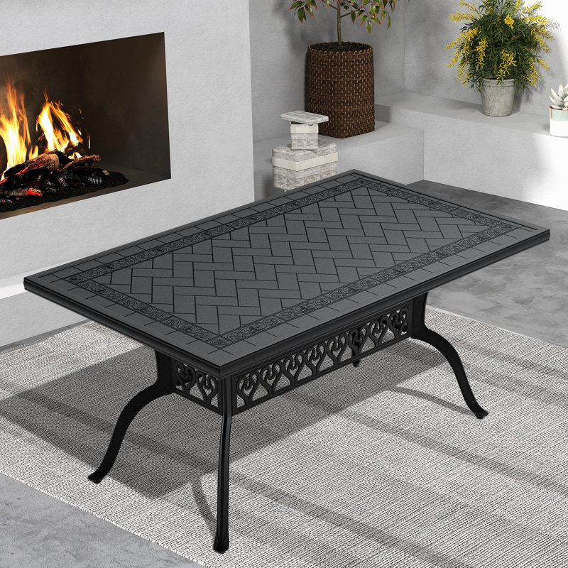 Table de patio avec capacité de poids de 160 lb - fonte d'aluminium, noir, rectangulaire, 6 cadres de salle à manger noirs, texture, résistance aux intempéries