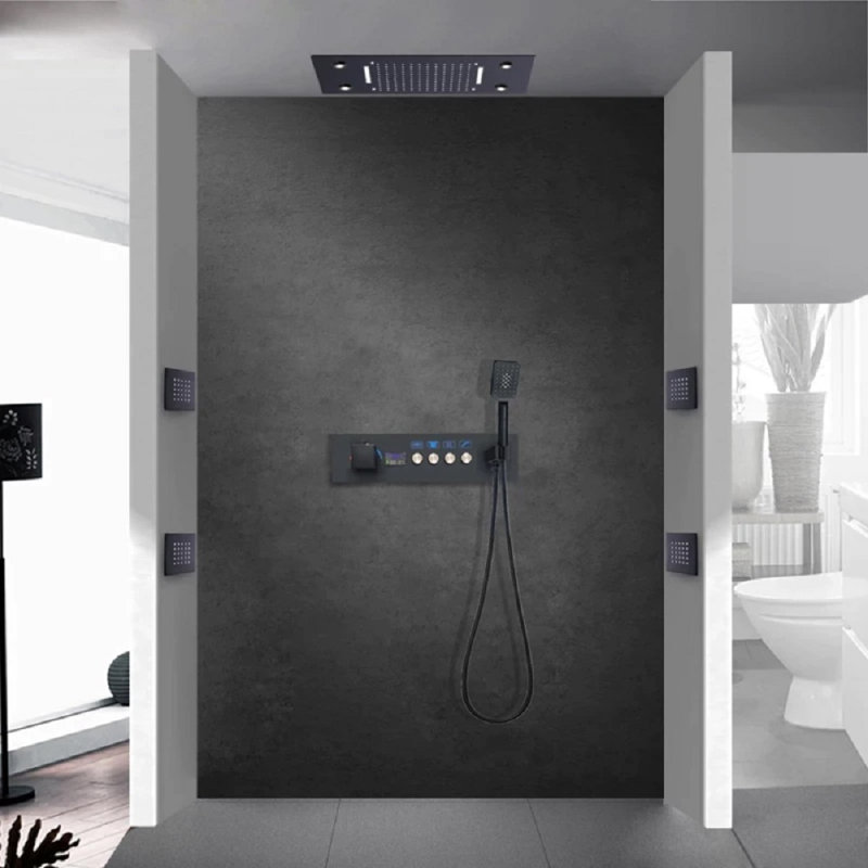 Cagliari Thermostatic LED Matte Black Shower Set with Modern Features, Push Button