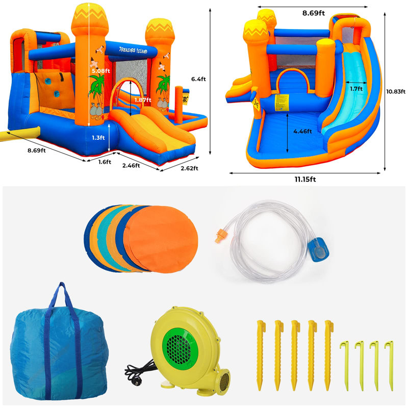 Jeu gonflable 11 'x 11' avec deux glissades d'eau, une piscine et un souffleur d'air de 450 W pour les enfants, Orange/bleu