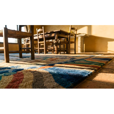 Tapis bleu antique multicolore en laine Art déco