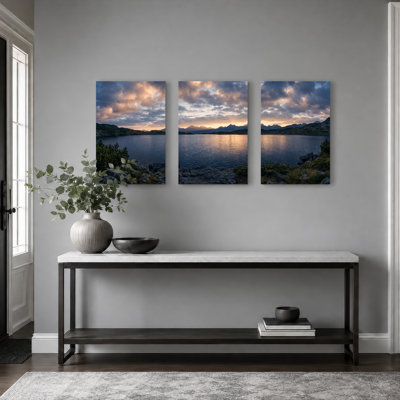 Ensemble de 3 tableaux sur toile représentant un coucher de soleil sur un lac, pour la décoration du salon et de la chambre.
