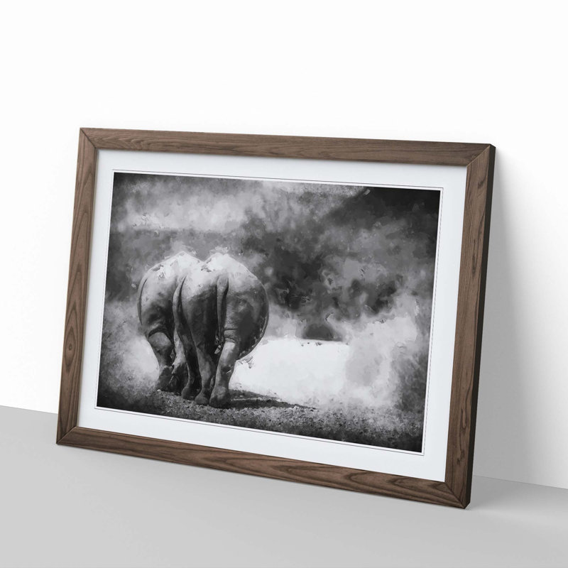 Walking Rhinos in Abstract - Picture Frame Graphic Art Print, 35cm H x 50cm W x 2cm D, Walnut