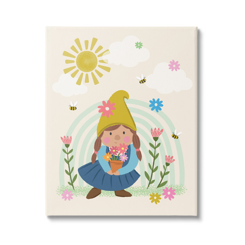 Fleurs de gnome de jardin ludiques et arc-en-ciel ludiques Lisa Perry White, L 16 po x H 20 po, Toile tendue